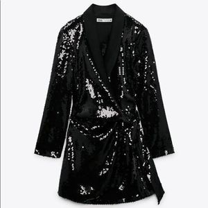 Zara Black Sequin Wrap Dress Medium